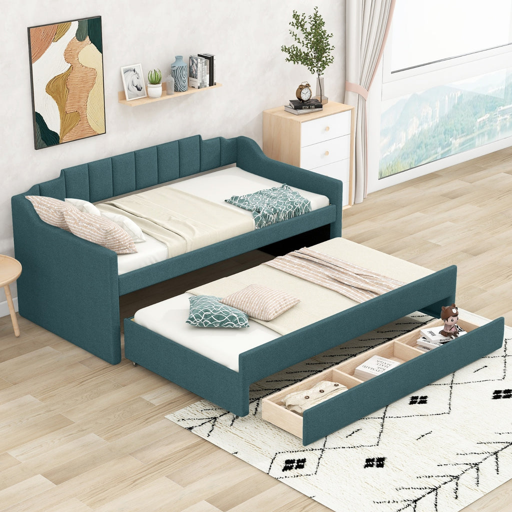 Twin Size Upholstered Daybed With Trundle And Three Drawers,Green