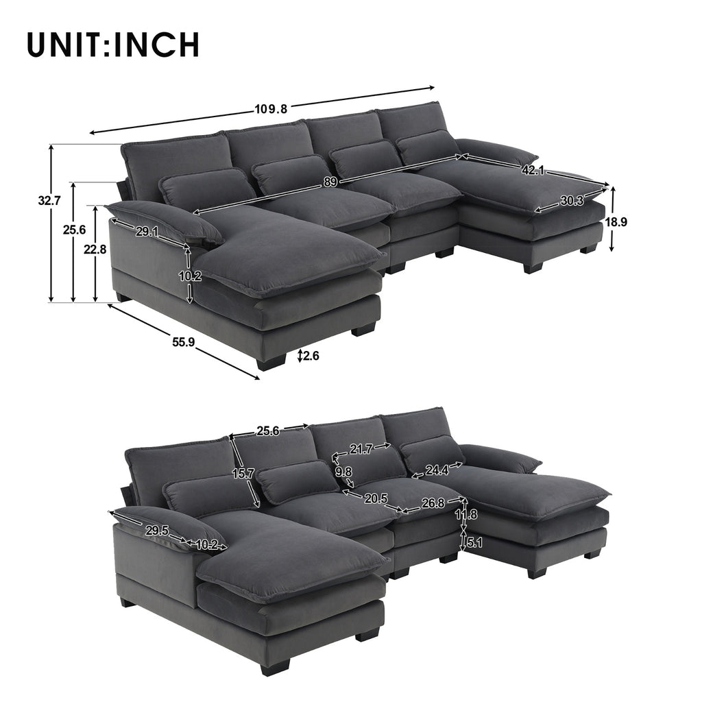 New Modern U-shaped Sectional Sofa, 6-Seat With Waist Pillows 109.8 55.9