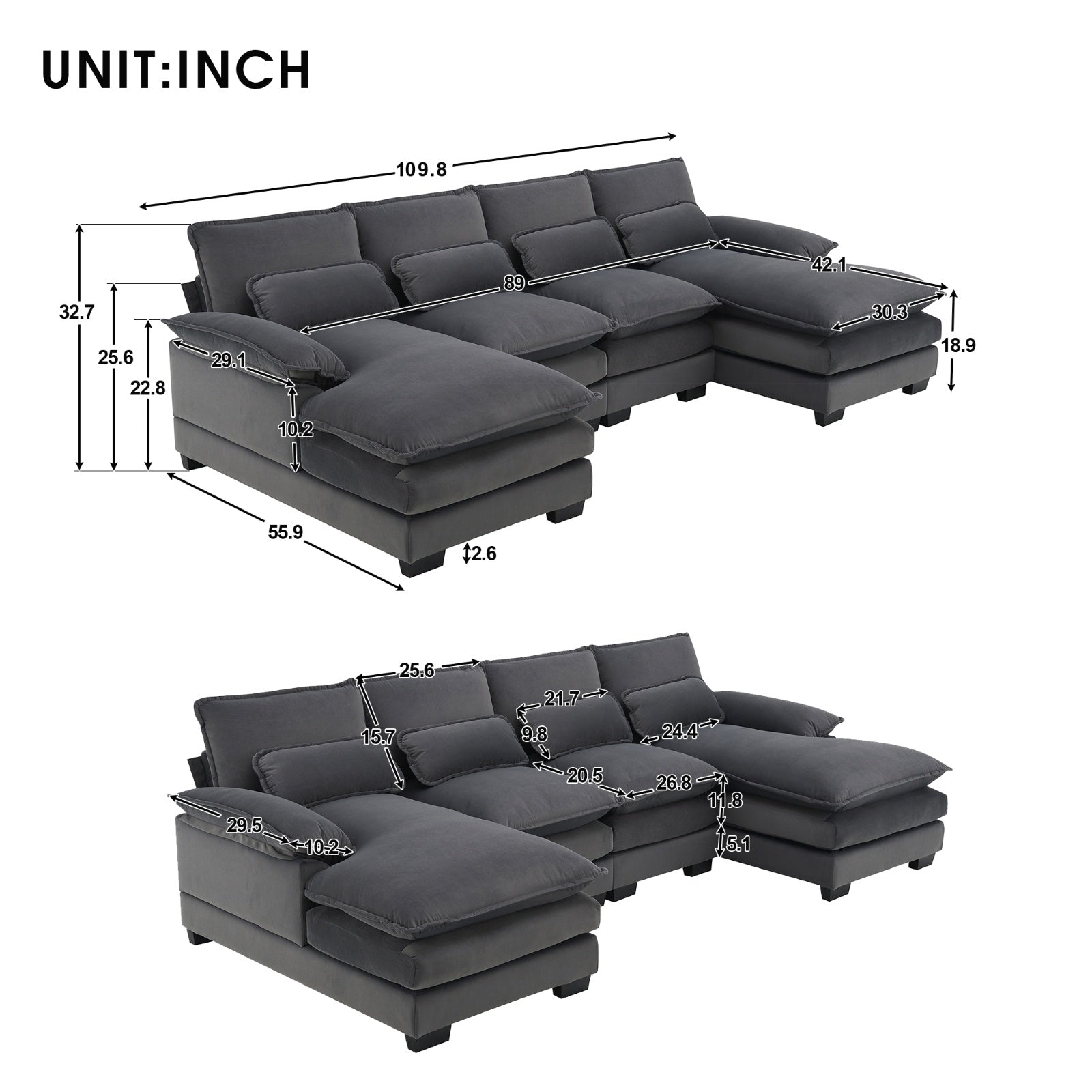 New Modern U-shaped Sectional Sofa, 6-Seat With Waist Pillows 109.8 55.9