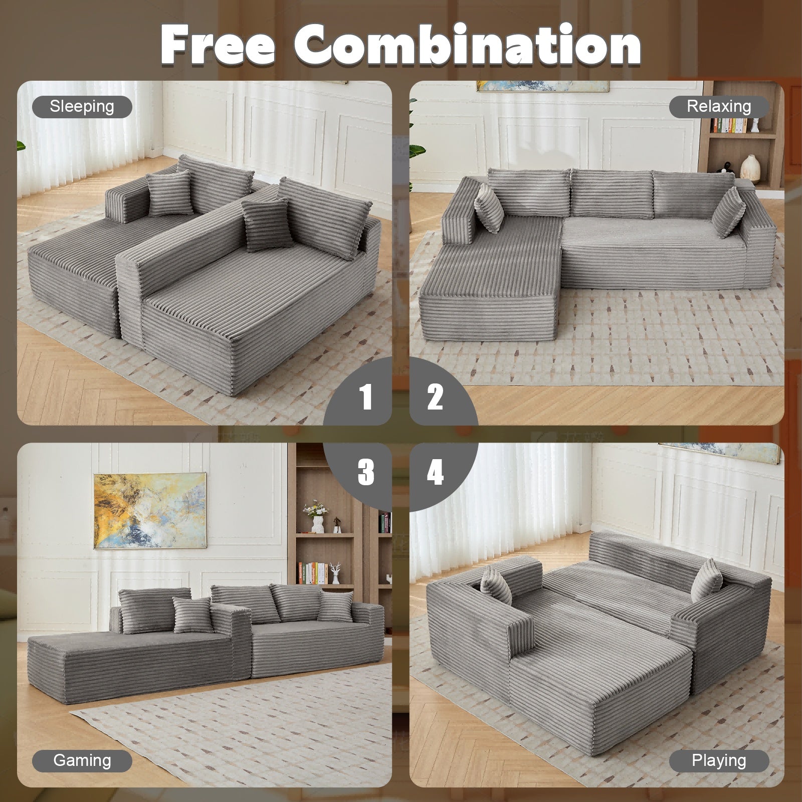 L-Shaped Compression Sofa Bed With Corduroy Fabric