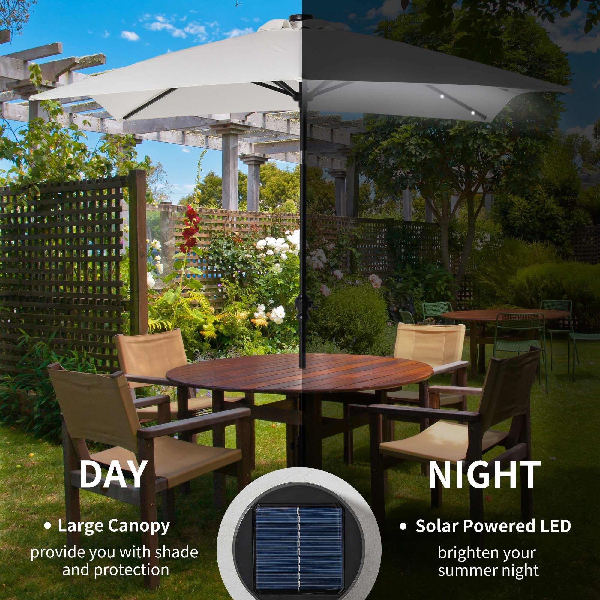 9 X 7 Ft Patio Umbrella With Crank, Solar LED Lights