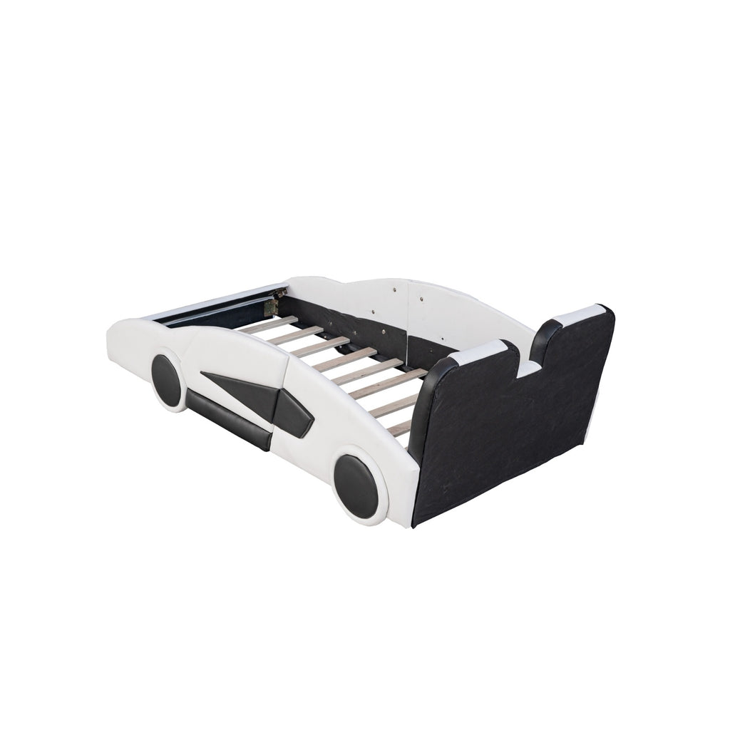 Twin Size Race Car-Shaped Platform Bed With Wheels, White