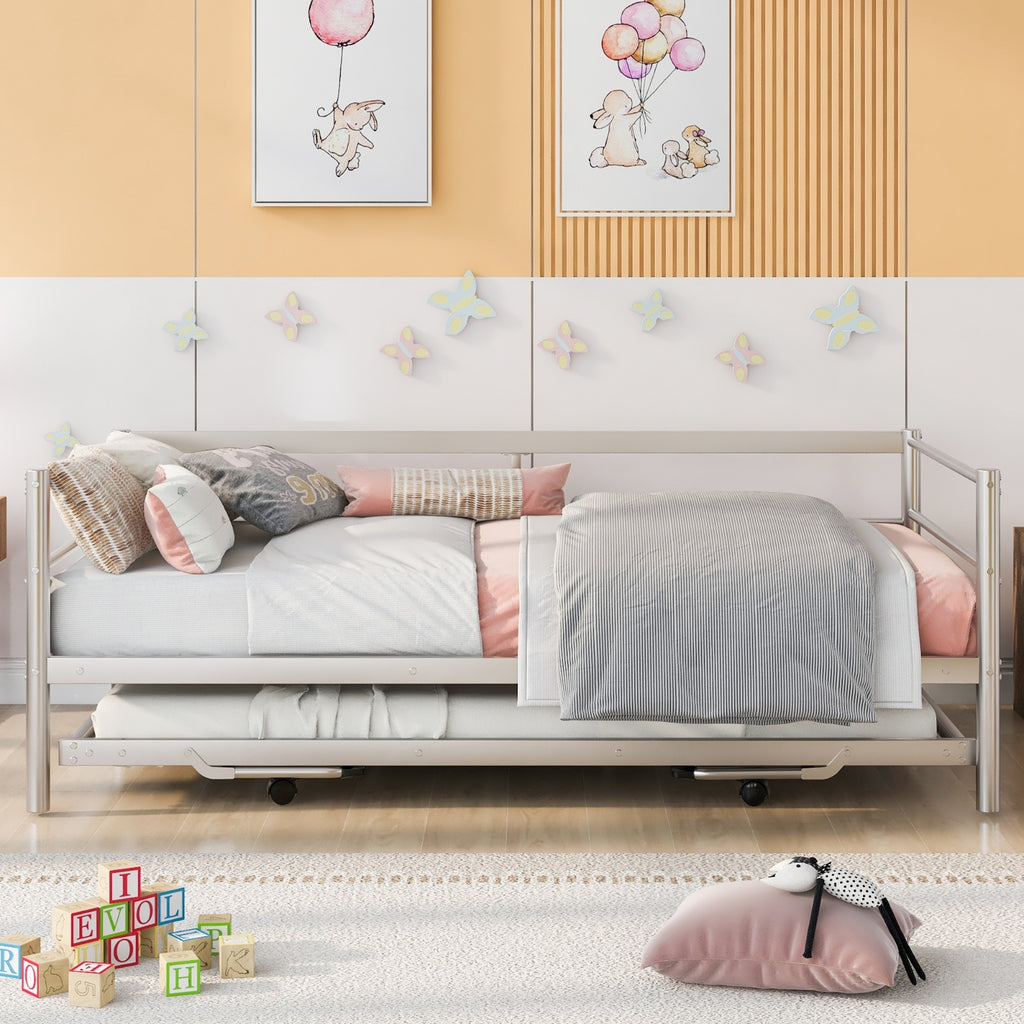 Twin Size Metal Daybed With Adjustable Trundle