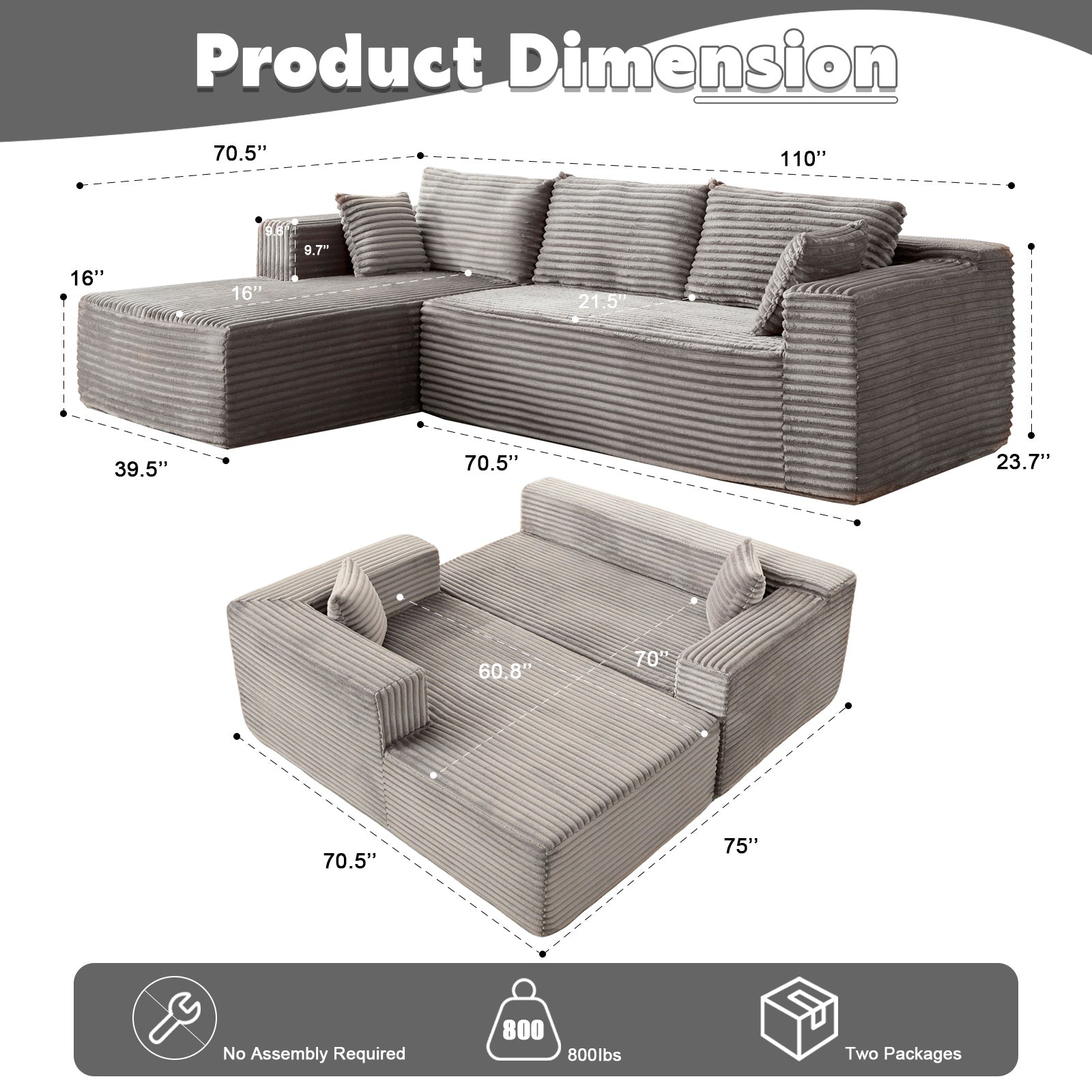 L-Shaped Compression Sofa Bed With Corduroy Fabric