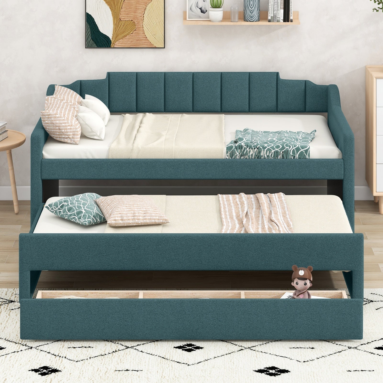 Twin Size Upholstered Daybed With Trundle And Three Drawers,Green
