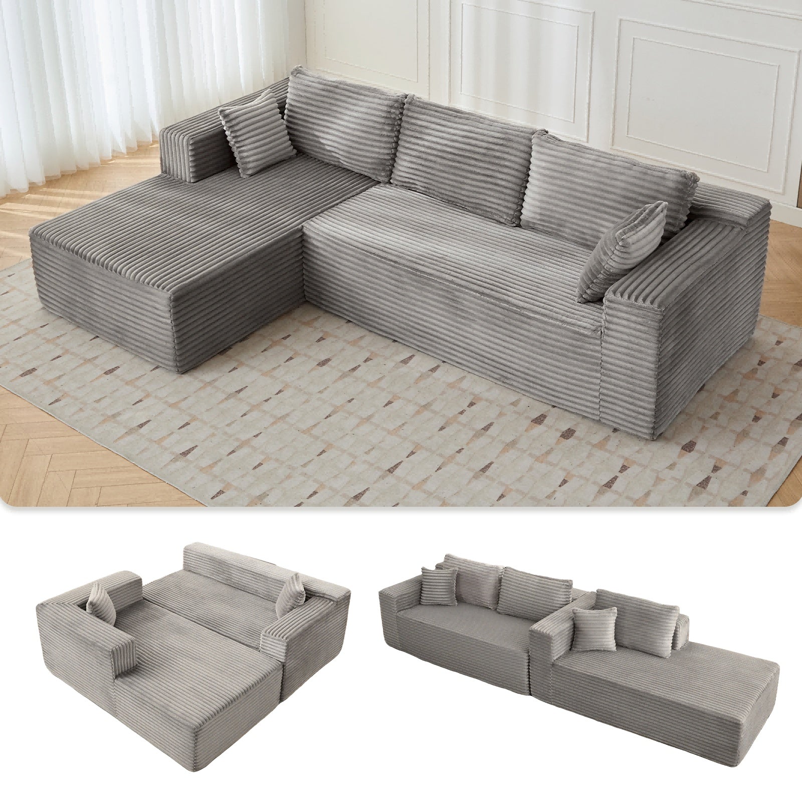 L-Shaped Compression Sofa Bed With Corduroy Fabric