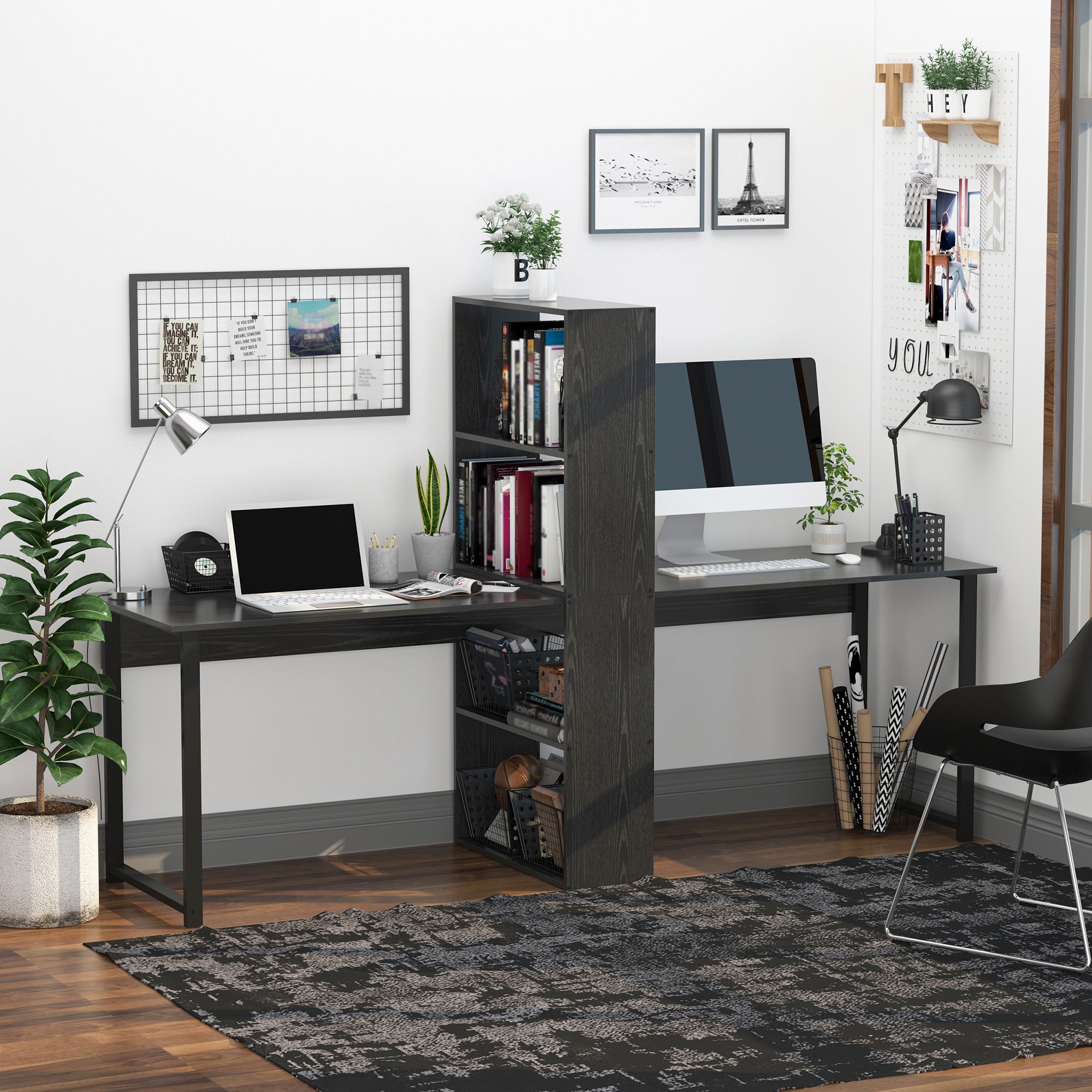 2-Person Desk With Bookshelf