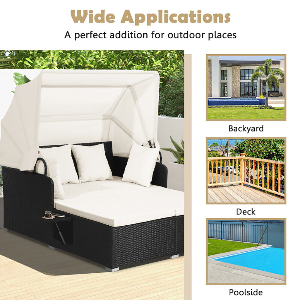 Patio Rattan Daybed With Retractable Canopy And Side Tables